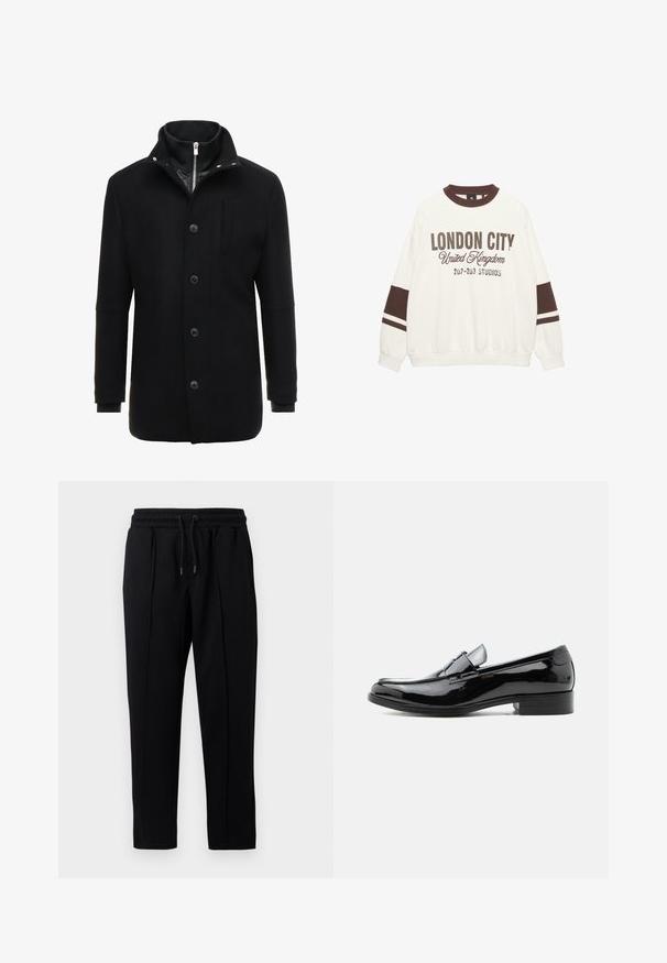Manteau en laine noir avec un col haut, fermeture éclair et boutons, et poches latérales. Texture lisse avec une coupe ajustée et des accents minimalistes.; Sweatshirt blanc avec col rond marron, présentant un graphique "LONDON CITY United Kingdom 207-203 STUDIOS" en marron. Rayures marron sur les manches.; Pantalons de survêtement noirs avec cordon de serrage, une taille élastique et des coutures subtiles à l'avant, présentés sur un fond blanc.; Mocassin pour homme en cuir verni noir avec talon bas, bout arrondi, et détail de bride sur le dessus, sur fond blanc.