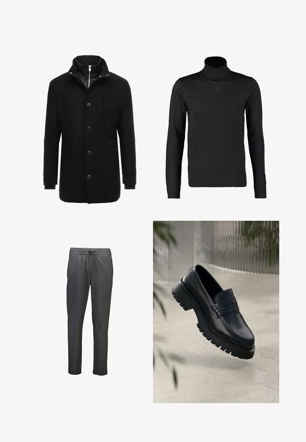 Schwarzer Wollmantel mit hohem Kragen, Reißverschluss- und Knopfverschluss sowie Seitentaschen. Glatte Textur mit taillierter Passform und minimalen Akzenten.; Lindbergh ROLL NECK - Strickpullover - black; Graue Leggings mit schmalem Schnitt, ausgestattet mit einem elastischen Bund und einer Kordel zur Anpassung des Tragekomforts. Glatte Textur, minimales Design.; Schwarze Lederloafer mit einer robusten profilierten Sohle, ausgestattet mit einem dekorativen Riemen und einer Stichdetail. Glatte Textur mit einem polierten Finish.