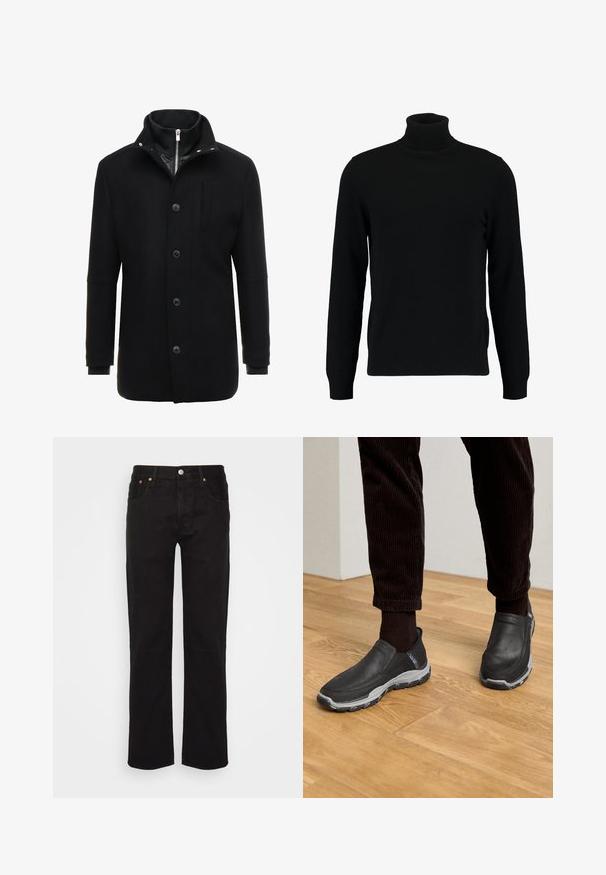 Abrigo de lana negro con cuello alto, cierre de cremallera y botón, y bolsillos laterales. Textura suave con un corte ajustado y acentos mínimos.; Jersey de cuello alto negro hecho de un material de punto suave. Cuenta con mangas largas, collar y dobladillo acanalados. Diseño simple y elegante sin patrones.; Vaqueros negros de pierna recta hechos de algodón. Cuenta con cinco bolsillos, un botón de metal y costuras naranjas en la parte delantera.; Zapatos negros sin cordones con parte superior de cuero texturizado y una suela de goma gris, sobre un suelo de madera y pantalones de pana.
