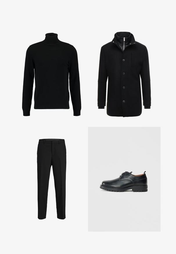 Manteau en laine noir avec un col haut, fermeture éclair et boutons, et poches latérales. Texture lisse avec une coupe ajustée et des accents minimalistes.; Un pull à col roulé noir en matière tricotée douce. Il possède des manches longues, un col et un ourlet côtelés. Son design est simple et épuré, sans motifs.; Pantalons noirs en tissu lisse, présentant une coupe droite, des passants de ceinture et un devant plat sans motifs ni embellissements visibles.; Chaussures derby en cuir noir avec une texture lisse, bout rond, design à lacets et une semelle en caoutchouc épaisse et robuste.