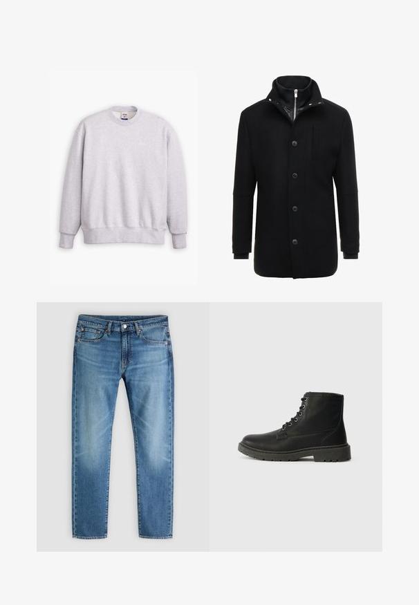 Sort uldfrakke med høj krave, lynlås og knaplukning samt sidelommer. Glat tekstur med en skræddersyet pasform og minimale detaljer.; Grå sweatshirts med rund halsudskæring, lange ærmer, ribbede manchetter og kant. Har et lille "Levi's" logo i lysegul på forsiden.; Lyseblå denimjeans med lige ben, traditionel fem-lomme-stil og subtil falmning. Har knappelukning og bæltestropper.; Sort læder ankelstøvle med snørebånd, tyk gummisål, tekstureret overflade og forstærket syning. Har minimalistisk branding.