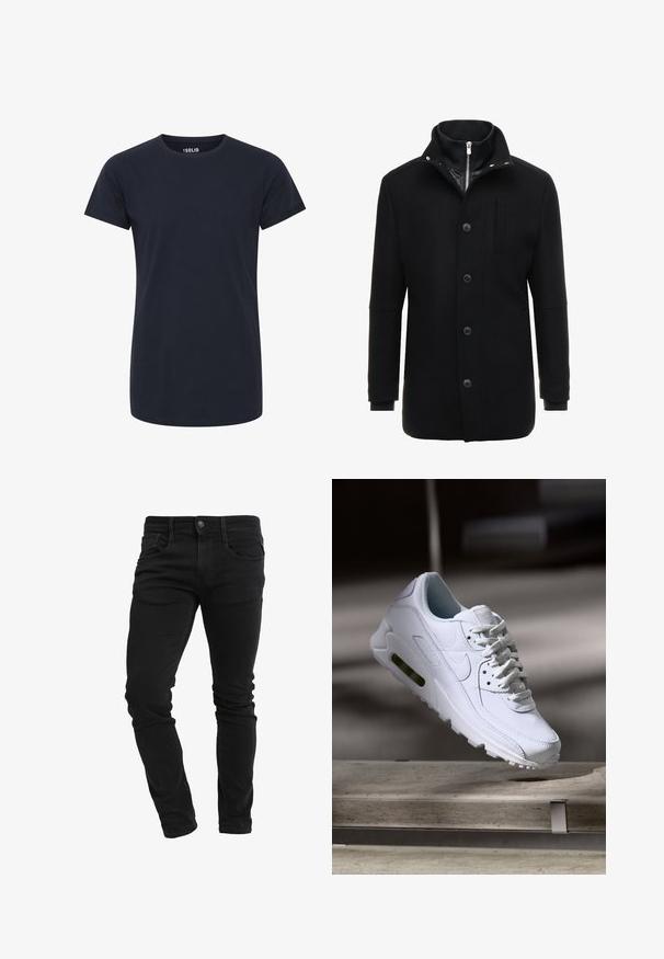 Manteau en laine noir avec un col haut, fermeture éclair et boutons, et poches latérales. Texture lisse avec une coupe ajustée et des accents minimalistes.; T-shirt à col rond à manches courtes, de couleur bleu marine uni, avec une coupe slim et sans logos ni motifs visibles.; Jean slim noir avec poches avant, passants de ceinture, fermeture à bouton et léger froissement le long des jambes.; Baskets blanches en cuir avec des surfaces texturées, un col rembourré et un amorti d'air visible dans la semelle. Elles possèdent des lacets et un design minimaliste.