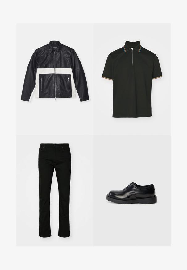 J.LINDEBERG TATUM BIKER JACKET - Veste en cuir - black; Polo noir avec un col zippé et des rayures multicolores. Manches courtes et texture en coton lisse.; Jean en denim noir avec une coupe droite, style à cinq poches et fermeture à bouton. Texture lisse avec des détails de couture subtils.; Chaussure en cuir noir à lacets avec un bout rond, surface lisse et une semelle en caoutchouc épaisse dotée de légers rainurages pour une meilleure adhérence.