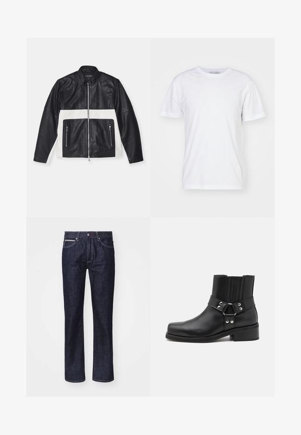J.LINDEBERG TATUM BIKER JACKET - Læderjakker - black; Hvid bomulds t-shirt med rund halsudskæring, korte ærmer og lige snit. Ingen mønstre eller udsmykninger, glat tekstur og enkel design.; Mørkeblå denim jeans med lige pasform, diskrete kontrastsyninger, fem lommer og knappelukning i taljen.; The Kooples CHAUSSURES - Cowboy- / bikerstøvlette - black