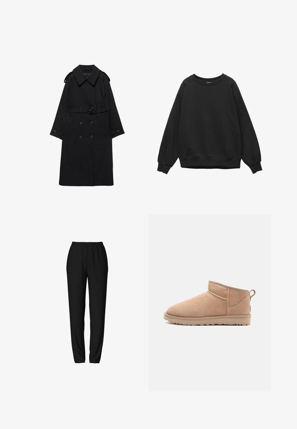 Sort trenchcoat med bred krave, dobbeltradede knapper, bælte i taljen, knaplukning ved ærmerne og skulderstropper, lagt fladt på hvid baggrund.; Sort crewneck-sweatshirt med lange raglanærmer og ribstrikkede manchetter og kant, ensfarvet design, lagt fladt på en hvid baggrund.; Sorte joggingbukser med elastisk talje, tapered ben og en glat, blød tekstur. Enkel, funktionel design uden yderligere accenter.; Brune ruskindsankelstøvle med en rund tå, blød tekstur, enkelt design og en lavprofil gummisål. Har en trækrem bagpå.