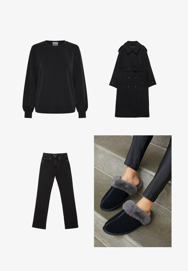 Trench coat noir avec large col, boutons croisés, taille ceinturée, poignets à boutons et épaulettes, posé à plat sur fond blanc.; Sweatshirt noir à manches longues, col rond et poignets côtelés. Présente une texture lisse et un détail de logo subtil à l'avant.; Jean en denim noir avec une coupe droite, cinq poches et de subtils rivets en cuivre. Fabriqué en tissu en coton robuste.; Des chaussons en suède noir avec un col en fausse fourrure grise, à bout rond et couture contrastante. Texture douce et design à enfiler pour un port facile.