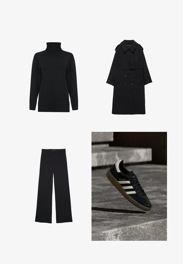Trench coat noir avec large col, boutons croisés, taille ceinturée, poignets à boutons et épaulettes, posé à plat sur fond blanc.; Pull à col roulé noir en maille texturée, doté de manches longues et de finitions côtelées aux poignets et à l'ourlet. Design simple et classique.; Pantalon noir à jambes larges avec passants de ceinture, bouton frontal et fermeture éclair, étalé à plat sur un fond blanc.; Baskets Adidas noires avec des bandes blanches et une semelle en gomme flottant au-dessus d'escaliers en béton gris sous une lumière naturelle.
