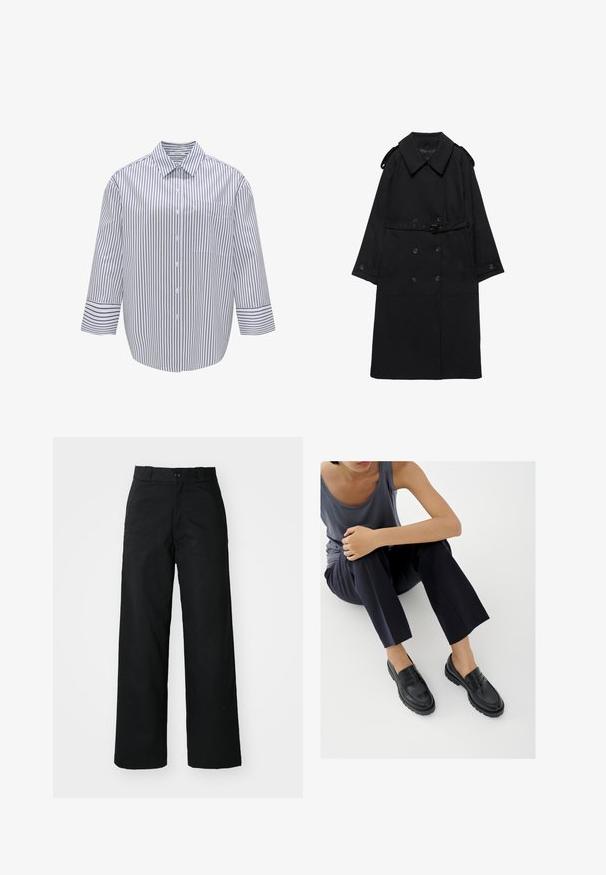Zwarte trenchcoat met brede kraag, dubbelgeknoopte knopen, taille met ceintuur, knoopmanchetten en schouderepauletten, platliggend op een witte achtergrond.; Gestreept overhemd met kraag, witte basis en donkerblauwe verticale strepen. Bevat een borstzak en brede driekwartmouwen.; Zwarte wijde broek met een vlakke voorkant, knoopsluiting en riemlussen. Gemaakt van stevige stof met een gladde textuur.; Zwarte leren loafers met textuurelementen, lage hak, ronde neus en zichtbare stiksels. Model draagt donkere broek en een grijze top.