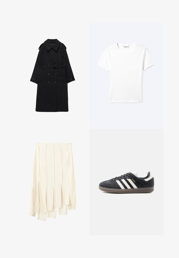 Trench coat noir avec large col, boutons croisés, taille ceinturée, poignets à boutons et épaulettes, posé à plat sur fond blanc.; T-shirt blanc uni à manches courtes et col rond avec une petite étiquette "WEEKDAY" à l'intérieur de l'encolure, présenté à plat sur un fond clair.; Jupe plissée crème asymétrique avec un ourlet irrégulier, avec de longs plis verticaux créant des panneaux superposés.; Baskets Adidas Samba noires avec des bandes blanches, semelle en gomme et texte doré "Samba" sur le côté, vues de profil gauche sur fond uni.