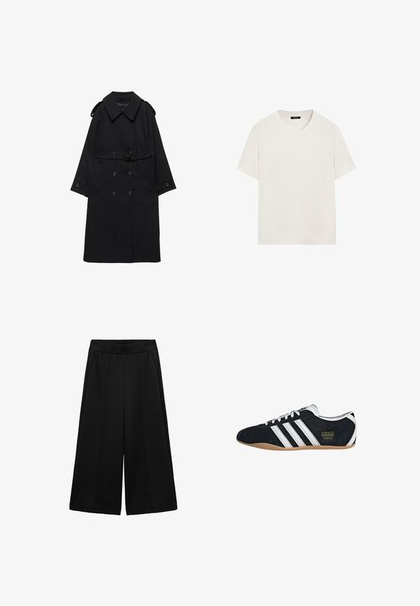 Zwarte trenchcoat met brede kraag, dubbelgeknoopte knopen, taille met ceintuur, knoopmanchetten en schouderepauletten, platliggend op een witte achtergrond.; Effen wit T-shirt met korte mouwen en ronde hals, met een ontspannen pasvorm, weergegeven tegen een witte achtergrond.; Zwarte wijde broek gemaakt van gestructureerde stof, met zijzakken en een gladde tailleband, ontworpen voor een ruime pasvorm.; Zwarte suède sneaker met witte drie strepen, gouden logo en een bruine rubberen zool. Heeft een laag profiel vetersluiting ontwerp.