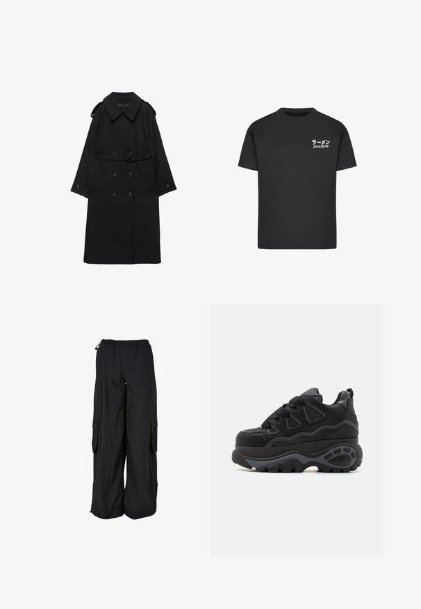 Sort trenchcoat med bred krave, dobbeltradede knapper, bælte i taljen, knaplukning ved ærmerne og skulderstropper, lagt fladt på hvid baggrund.; Sort bomulds T-shirt med rund hals. Har hvid tekst, inklusive japanske tegn og "Slurp Away," på venstre brystområde.; Svarte cargobukser med vidde ben, elastisk talje, sidelommer med klap og justerbare snore i talje og forneden.; Buffalo Skatesko - black