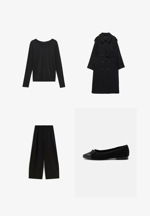 Zwarte trenchcoat met brede kraag, dubbelgeknoopte knopen, taille met ceintuur, knoopmanchetten en schouderepauletten, platliggend op een witte achtergrond.; Zwarte langemouwen top van zachte stof, met een ronde halslijn en een slim fit ontwerp zonder patronen of versieringen.; Zwarte wijde pijpen broek van gladde stof, met een hoge taille, plooien aan de voorkant en geen zichtbare versieringen of patronen.; Zwarte ballerina met lakleren neus, klein strikdetail en lage hak op een effen witte achtergrond.