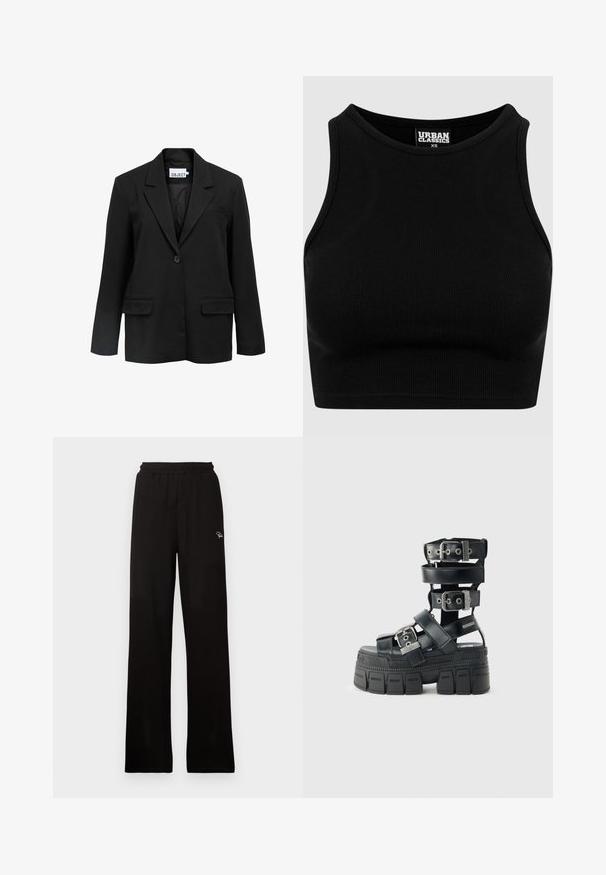 Schwarzer Ein-Knopf-Blazer mit Reverskragen, zwei aufgesetzten Fronttaschen und einer Brustleistentasche, innen am Kragen mit ".OBJECT" gekennzeichnet.; Schwarzes geripptes Cropped-Top mit rundem Ausschnitt und ärmellosem Design. Hergestellt aus einem dehnbaren, strukturierten Stoff. Etikett mit der Aufschrift "Urban Classics."; Schwarze, gerippte, weit geschnittene Hose mit elastischem Bund und kleinem dekorativem Logo, aus einem glatten Material mit langem Design.; Schwarze Plateau-Sandale mit dicker Profilsohle, mehreren verstellbaren Riemen, silbernen Schnallen und knöchelhohem Design.