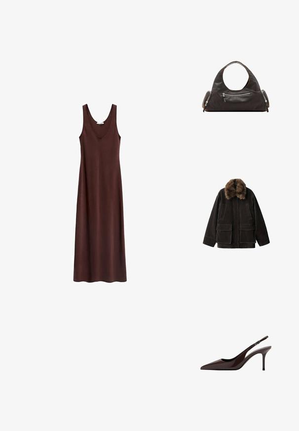 Veste en suédine marron avec col en fausse fourrure, deux poches avant et coupe décontractée. Dispose d'un design minimaliste et d'une construction robuste.; Robe maxi sans manches marron avec un décolleté rond, texture lisse et coupe droite, conçue pour un ajustement décontracté.; Talons slingbacks en cuir verni marron avec un bout pointu, un talon fin et une bride réglable. Texture lisse et finition brillante.; Sac à main en cuir noir avec une poignée supérieure arrondie, deux poches latérales zippées et une texture lisse. Design légèrement souple.