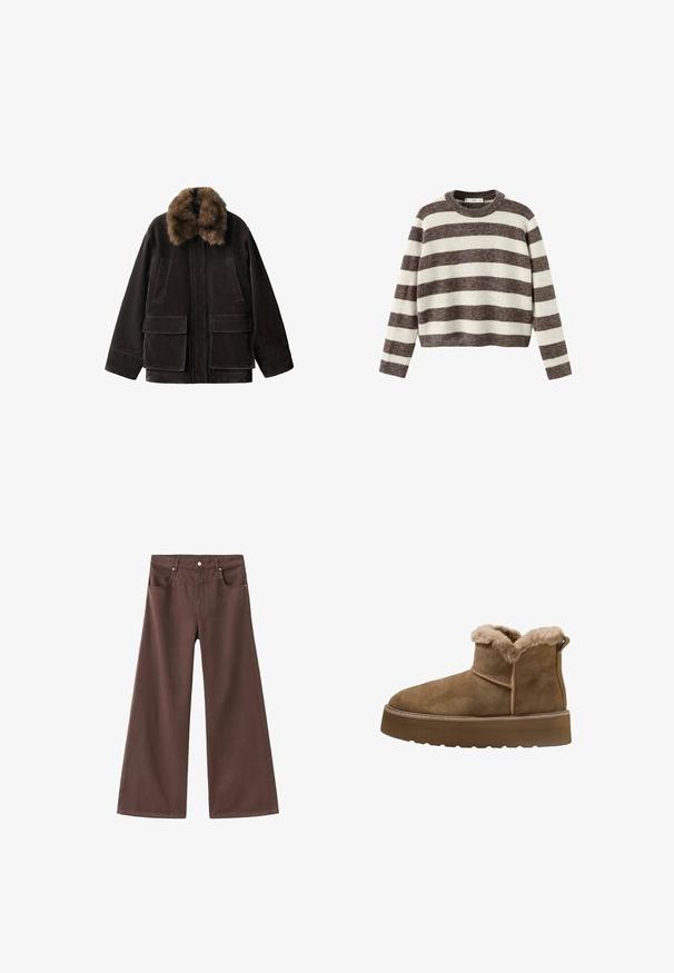 Brun ruskindsjakke med fake pelskrave, to forlommer og en afslappet pasform. Har et minimalistisk design og en solid konstruktion.; Stripet pullover sweater i creme og mørkebrun. Ribstrikket rund hals, lange ærmer og en kortet kant. Blød tekstur med en afslappet pasform.; Brune brede jeans lavet af denim. Har fem lommer, lynlås og metalnitter. Glat tekstur og klassisk design.; Brune ruskinds ankelstøvler med faux pelsfor, rund tå og en tykk platformsål; har en syet søm og en trækflap bagpå.