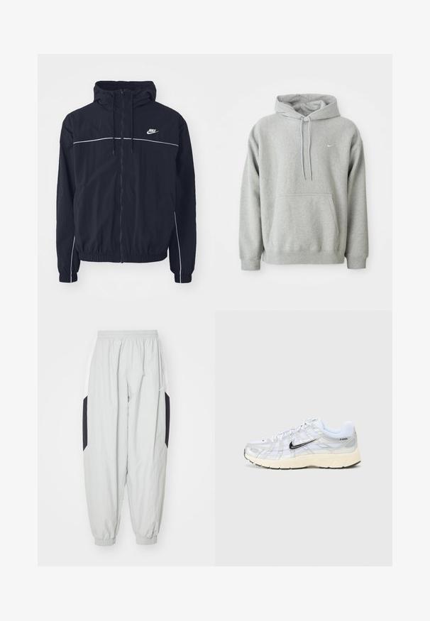 Schwarze Nike Kapuzenjacke mit durchgehendem Frontreißverschluss, weißen Paspelierungen über Brust und Ärmeln, elastischen Bündchen und seitlichen Taschen.; Grauer Hoodie aus weichem Material mit einer Kängurutasche, Kordelzugkapuze und kleinem weißen Logo auf der Brust. Bequemer, lässiger Schnitt.; Hellgraue Jogginghose aus leichtem Stoff, mit elastischem Bund und Bündchen, sowie kontrastierenden schwarzen und weißen Seiteneinsätzen.; Weiße Netzsneakers mit silbernen Akzenten, schwarzem Nike-Swoosh, gepolstertem Kragen und strukturiertem Sohlen. Sie weisen ein geschichtetes Design für Stabilität auf.