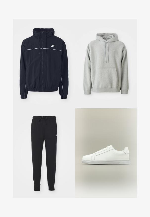 Zwarte Nike capuchonjas met volledige rits aan de voorkant, witte bies over de borst en mouwen, elastische boorden en zijzakken.; Grijze hoodie van zachte stof met een buidelzak, capuchon met trekkoord en klein wit logo op de borst. Comfortabele, casual pasvorm.; Zwarte joggingbroek van een katoenmix, met een verstelbare tailleband, taps toelopende pijpen en een klein wit logo aan de voorkant.; Witte lage sneaker met veterluiting aan de voorkant en een gestructureerde rubberen zool tegen een neutrale achtergrond.