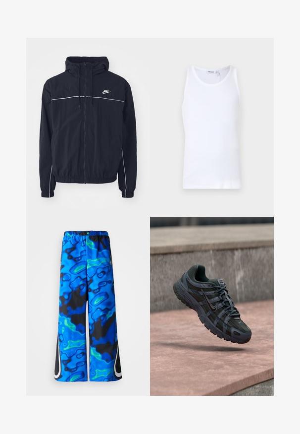 Čierna mikina Nike s kapucňou so zipsom po celej prednej strane, bielym lemovaním cez hrudník a rukávy, elastickými manžetami a bočnými vreckami.; Biely bavlnený top bez rukávov s okrúhlym výstrihom a širokými ramienkami. Hladká textúra, bez vzorov, čistý dizajn a značková nášivka na výstrihu.; Modré a čierne široké nohavice s abstraktným vzorom, s elastickým pásom a zipsovými bočnými vreckami na jednoduchom pozadí.; Tmavosivá bežecká obuv Nike s mesh a syntetickým dizajnom, vznášajúca sa nad ružovkastým betónovým povrchom so sivým kamenným pozadím.