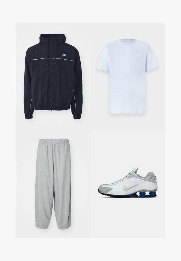 Μαύρο φούτερ με κουκούλα της Nike με ολόκληρο φερμουάρ εμπρός, λευκές λεπτομέρειες στο στήθος και τα μανίκια, ελαστικά μανσέτες και πλαϊνές τσέπες.; Ανοιχτό μπλε βαμβακερό μπλουζάκι με κοντά μανίκια, στρογγυλή λαιμόκοψη και λευκό λογότυπο Nike εκτυπωμένο στο αριστερό στήθος. Λείο υλικό, απλός σχεδιασμός.; Ανοιχτό γκρι, χαλαρά παντελόνια φόρμας κατασκευασμένα από μαλακό ύφασμα. Ελαστική μέση και μανσέτες στους αστραγάλους. Απλός και ανεπίπλαστος σχεδιασμός.; Λευκό και γκρίζο αθλητικό παπούτσι Nike με ασημένιο swoosh, μπλε ελατηριωτά πέλματα και μαύρη σόλα σε ουδέτερο φόντο.
