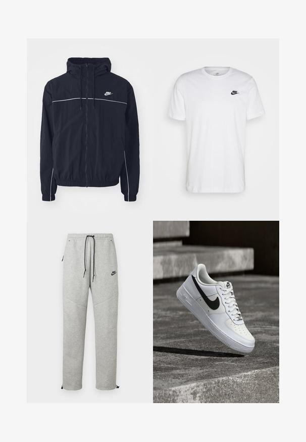 Čierna mikina Nike s kapucňou so zipsom po celej prednej strane, bielym lemovaním cez hrudník a rukávy, elastickými manžetami a bočnými vreckami.; Biela bavlnená tričko s okrúhlym výstrihom, krátkymi rukávmi a čiernym logom Nike na ľavej hrudi. Jednoduchý, jednofarebný dizajn.; Šedé Nike tepláky so sťahovacím pásom, bočnými vreckami a elastickými manžetami. Majú hladkú textúru a kontrastný čierny logotyp.; Biela teniska Nike Air Force 1 s čiernym logom swoosh, zaviazanými šnúrkami, umiestnená vo vzduchu nad textúrovaným betónovým povrchom vonku.