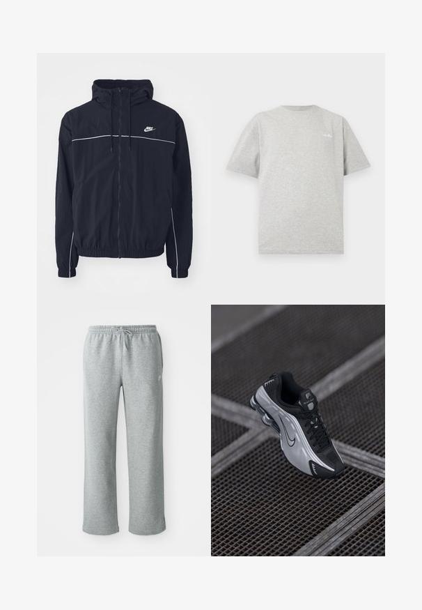 Zwarte Nike capuchonjas met volledige rits aan de voorkant, witte bies over de borst en mouwen, elastische boorden en zijzakken.; Lichtgrijs T-shirt met korte mouwen en ronde hals, met klein wit logo op de linkerborst, tegen een witte achtergrond.; Grijze katoenen sweatpants met een elastische tailleband, trekkoordsluiting en rechte pijpen. Bevat een klein logo op de bovenste linkerkant.; Nike sportieve schoen met een zwart en zilver ontwerp. Gemaakt van synthetisch materiaal met gaasaccenten en een ondersteunende zool met zichtbare luchtvering.