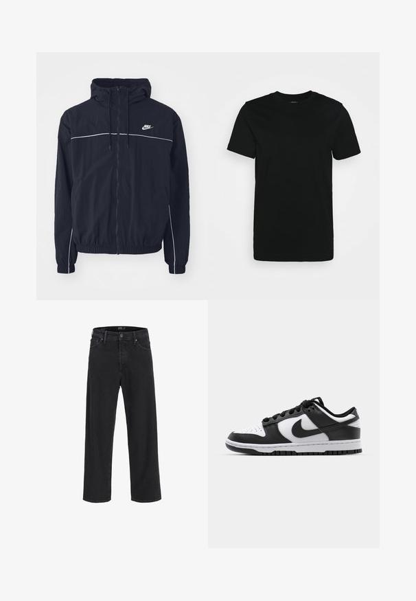 Zwarte Nike capuchonjas met volledige rits aan de voorkant, witte bies over de borst en mouwen, elastische boorden en zijzakken.; Zwarte T-shirt met korte mouwen van glad katoen, met een ronde halslijn en een eenvoudig ontwerp zonder patronen of accenten.; Zwarte recht gesneden denim jeans met knoop- en ritssluiting, riemlussen en voor- en achterzakken.; Zwart-witte Nike Dunk sneakers met een leren bovenwerk, geperforeerde neus, zwarte veters en een zwarte rubberen zool met profiel.