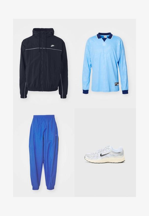 Schwarze Nike Kapuzenjacke mit durchgehendem Frontreißverschluss, weißen Paspelierungen über Brust und Ärmeln, elastischen Bündchen und seitlichen Taschen.; Hellblauses Langarm-Polohemd mit marineblauem Kragen und Bündchen, das ein dezentes Allover-Muster und Nike-Logoprint am unteren Saum aufweist.; Blaue Sporthose aus leichtem Stoff, mit einem elastischen Bund, umgesäumten Säumen und weißen Seitenstreifen.; Weiße Netzsneakers mit silbernen Akzenten, schwarzem Nike-Swoosh, gepolstertem Kragen und strukturiertem Sohlen. Sie weisen ein geschichtetes Design für Stabilität auf.