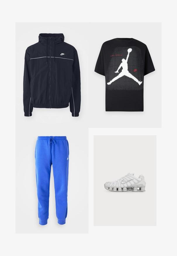 Chaqueta negra con capucha Nike con cremallera completa en la parte frontal, ribete blanco en el pecho y mangas, puños elásticos y bolsillos laterales.; Camiseta de algodón negra con la silueta blanca de una figura saltando, con un patrón de cuadrícula y el texto rojo "Air Jordan".; Pantalones deportivos azules con cintura ajustable y puños acanalados. Hechos de un tejido suave que presenta un pequeño logo en la pierna izquierda.; Zapatilla deportiva blanca con una suela única similar a un resorte y un logo plateado de Nike swoosh en el lateral, mostrada desde el lado exterior.