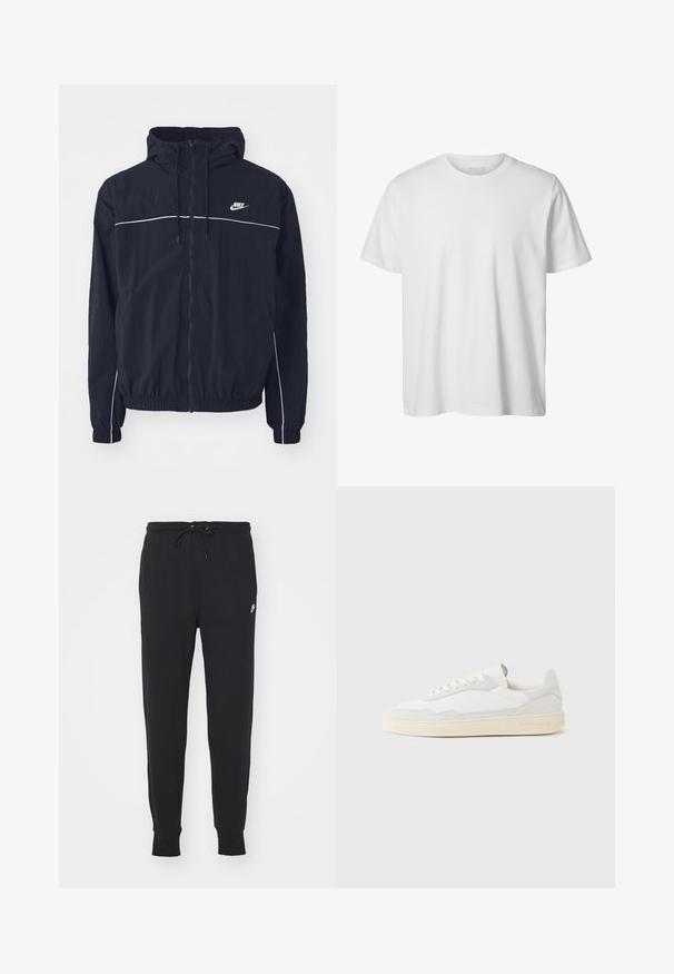 Čierna mikina Nike s kapucňou so zipsom po celej prednej strane, bielym lemovaním cez hrudník a rukávy, elastickými manžetami a bočnými vreckami.; Jednoduché biele tričko s krátkym rukávom a okrúhlym výstrihom, voľného strihu, bez viditeľných log alebo vzorov na prednej strane.; Čierne tepláky vyrobené z bavlnenej zmesi, s pásom na šnúrku, zoštíhlenými nohavicami a malým bielym logom na prednej strane.; Biela teniska s jemne štruktúrovaným zvrškom zo semišu a kože. Má zaoblenú špičku, viazanie na šnúrky a kontrastnú béžovú gumovú podrážku.
