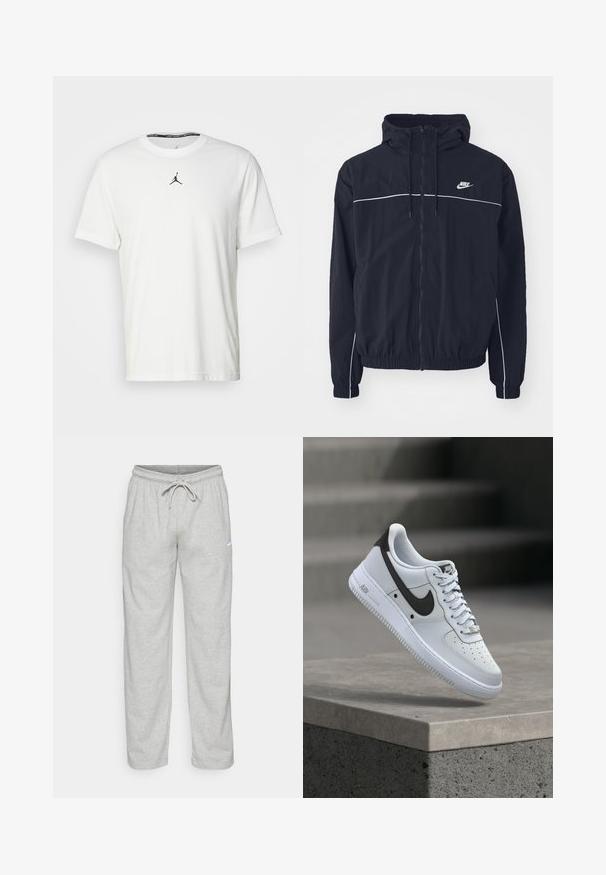 Sort Nike hættejakke med fuld lynlås foran, hvide pipingdetaljer hen over bryst og ærmer, elastiske manchetter og sidelommer.; Hvid kortærmet T-shirt lavet af bomuld, med et sort Jumpman-logo på brystet og en rund halsudskæring med et sort indvendigt mærke.; Lys grå sweatpants lavet af blødt stof. Har en elastisk talje med snøre og Nike-logo i sort på venstre lår.; Hvid Nike Air Force 1 sneaker med sort swoosh-logo, svævende over en betonforkant med slørede trapper i baggrunden.