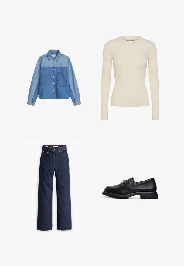 Tofarvet denimskjorte med lange ærmer, knaplukning foran, store brystlommer og spids krave, med lyse og mellemblå paneler.; Ribbet langærmet top i off-white, med rund halsudskæring og tætsiddende design, lavet af et blødt strikstof med subtil tekstur.; Mørkeblå straight-leg denim jeans med fem lommer, orange syninger og knaplukning.; Sort læder loafersko med rund tå, dekorativt guldsmykke og en robust gummisål med et struktureret grebmønster.