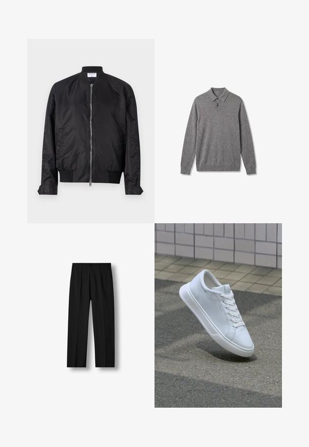 Veste bomber noire en finition satinée, dotée d'une fermeture éclair sur le devant, de poignets et d'ourlet côtelés, et d'un col arrondi. Texture lisse sans motifs.; Polo gris à manches longues en maille, avec col et deux boutons, avec un petit logo discret sur la poitrine.; Pantalon noir droit avec plis devant, taille boutonnée et poches latérales sur un fond blanc uni.; Baskets basses blanches à lacets flottant au-dessus d’un bitume texturé et d’une surface carrelée beige en arrière-plan.