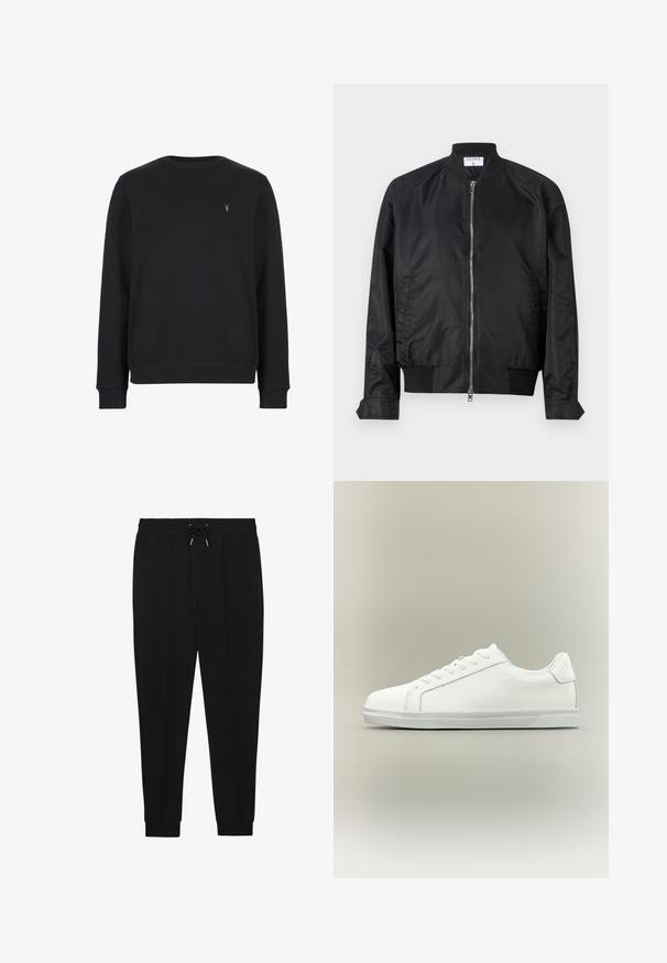 Schwarze Bomberjacke aus Satin mit glänzender Oberfläche, vorne mit Reißverschluss, gerippten Bündchen und Saum sowie einem runden Kragen. Glatte Struktur ohne Muster.; Schwarzer Sweatshirt aus Baumwollmischung, mit Rundhalsausschnitt, langen Ärmeln und einem kleinen gestickten Logo auf der Brust.; Schwarze Sporthosen mit Kordelzugbund, schmal zulaufenden Beinen und gerippten Bündchen. Hergestellt aus einem weichen Stoff mit glatter Textur.; Weißer Sneaker mit niedrigem Schaft, Schnürung vorne und strukturierter Gummisohle vor einfachem neutralem Hintergrund.