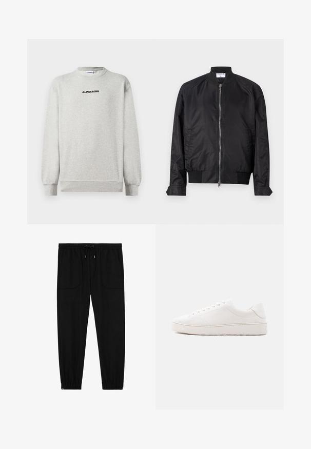 Sort bomberjakke i satinfinish med lynlås fortil, ribbede manchetter og kant samt en rund krave. Glat tekstur uden mønstre.; Lys grå langærmet crewneck sweatshirt med ribstrikkede manchetter og kant, der har sort "J.LINDEBERG" tekst centreret på brystet.; Sorte joggingbukser med elastik i taljen, snøre, forlommer med lapper og elastiske manchetter på hvid baggrund.; Hvid lædersneaker med en glat overflade, rund tå, seks-huls snørebånd og en struktureret gummisål. Minimalistisk design uden mønstre.