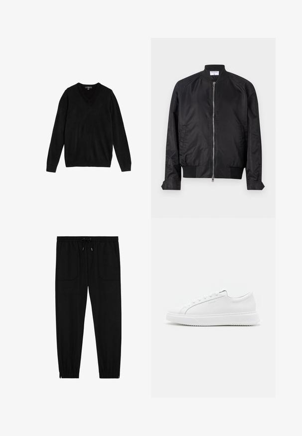 Chaqueta bomber negra de acabado satinado, con cierre de cremallera en la parte delantera, puños y dobladillo acanalados, y cuello redondeado. Textura suave sin patrones.; Suéter negro con cuello en V hecho de tejido suave y de punto. Mangas largas, puños y bajo acanalados, diseño sencillo sin patrones ni detalles.; Pantalones jogger negros con cintura elástica, cordón ajustable, bolsillos frontales de parche y puños elásticos sobre un fondo blanco.; Zapatillas blancas hechas de material sintético suave. Presentan un diseño de caña baja, suela blanca elevada, punta redondeada y cordones en la parte frontal con cinco ojetes.