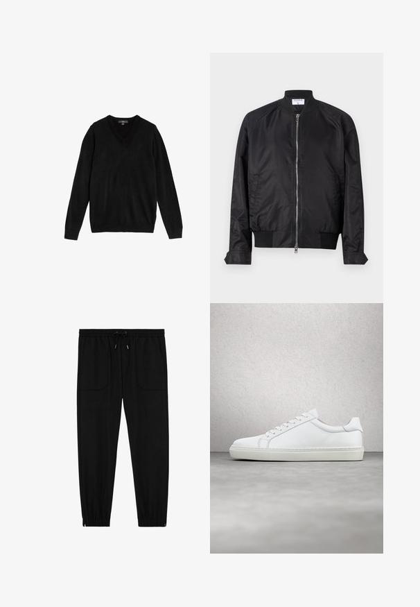 Chaqueta bomber negra de acabado satinado, con cierre de cremallera en la parte delantera, puños y dobladillo acanalados, y cuello redondeado. Textura suave sin patrones.; Suéter negro con cuello en V hecho de tejido suave y de punto. Mangas largas, puños y bajo acanalados, diseño sencillo sin patrones ni detalles.; Pantalones jogger negros con cintura elástica, cordón ajustable, bolsillos frontales de parche y puños elásticos sobre un fondo blanco.; Zapatilla blanca con parte superior de cuero liso y perfil bajo. Presenta una puntera redondeada, seis ojales y una suela de goma texturizada.