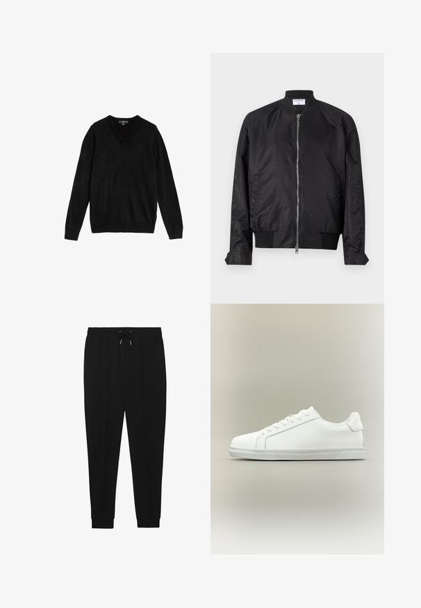 Schwarze Bomberjacke aus Satin mit glänzender Oberfläche, vorne mit Reißverschluss, gerippten Bündchen und Saum sowie einem runden Kragen. Glatte Struktur ohne Muster.; Schwarzer V-Ausschnitt-Pullover aus weichem, gestricktem Stoff. Lange Ärmel, gerippte Bündchen und Saum, schlichtes Design ohne Muster oder Akzente.; Schwarze Sporthosen mit Kordelzugbund, schmal zulaufenden Beinen und gerippten Bündchen. Hergestellt aus einem weichen Stoff mit glatter Textur.; Weißer Sneaker mit niedrigem Schaft, Schnürung vorne und strukturierter Gummisohle vor einfachem neutralem Hintergrund.