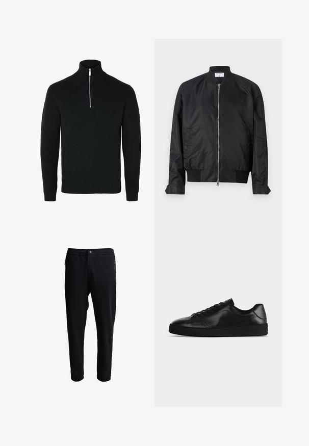 Veste bomber noire en finition satinée, dotée d'une fermeture éclair sur le devant, de poignets et d'ourlet côtelés, et d'un col arrondi. Texture lisse sans motifs.; Pull en maille noir à manches longues avec un col haut côtelé et une demi-fermeture éclair argentée au centre devant.; Pantalons de jogging noirs avec une taille élastique, poches zippées sur les côtés et jambes fuselées. Fabriqués en tissu doux avec une texture lisse.; Sneaker noir en cuir à profil bas avec lacets sur le devant et semelle plate texturée, montré de profil sur un fond neutre.