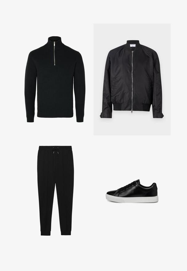Schwarze Bomberjacke aus Satin mit glänzender Oberfläche, vorne mit Reißverschluss, gerippten Bündchen und Saum sowie einem runden Kragen. Glatte Struktur ohne Muster.; Schwarzer langärmeliger Strickpullover mit einem gerippten hohen Kragen und einem silberfarbenen Halbreißverschluss in der vorderen Mitte.; Schwarze Sporthosen mit Kordelzugbund, schmal zulaufenden Beinen und gerippten Bündchen. Hergestellt aus einem weichen Stoff mit glatter Textur.; Schwarzer niedriger Ledersneaker mit schwarzen Schnürsenkeln und dicker weißer Gummisohle, von der Seite auf weißem Hintergrund gezeigt.