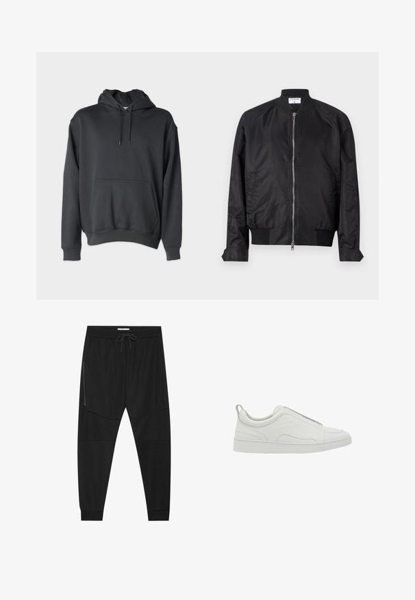 Veste bomber noire en finition satinée, dotée d'une fermeture éclair sur le devant, de poignets et d'ourlet côtelés, et d'un col arrondi. Texture lisse sans motifs.; Haut à capuche gris foncé en tissu doux, avec une poche avant, des cordons de serrage à la capuche, et des poignets et un ourlet côtelés.; Pantalons de sport noirs en tissu texturé, dotés d'une taille réglable, d'une poche latérale zippée et de chevrons resserrés.; Baskets basses blanches à enfiler, avec un col rembourré et une languette à l’arrière, dotées d’une semelle épaisse en caoutchouc et d’une tige en cuir lisse.