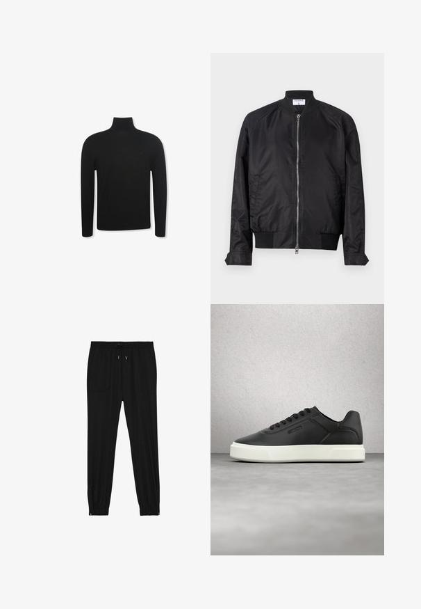 Chaqueta bomber negra de acabado satinado, con cierre de cremallera en la parte delantera, puños y dobladillo acanalados, y cuello redondeado. Textura suave sin patrones.; Jersey negro de cuello alto y manga larga con un ajuste entallado y un logo sutil en la zona izquierda del pecho, mostrado sobre fondo blanco.; Pantalones de chándal negros hechos de un tejido suave. Cuentan con una cintura elástica con cordón, dos bolsillos frontales y tobillos con cremallera para facilitar su uso.; Zapatillas de cuero negro con suela de goma blanca, puntera redondeada y cordones planos. Detalles texturizados en los lados, diseño minimalista.