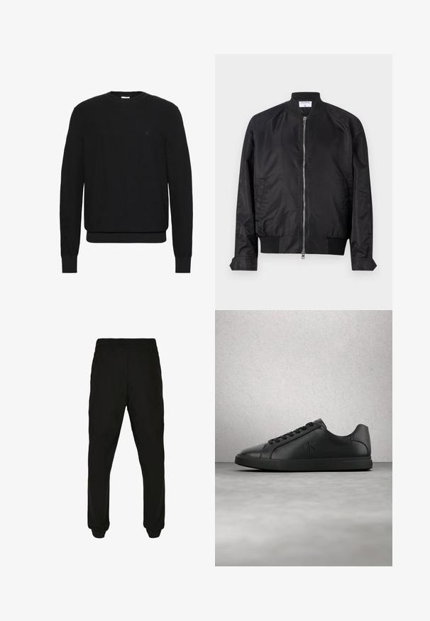 Veste bomber noire en finition satinée, dotée d'une fermeture éclair sur le devant, de poignets et d'ourlet côtelés, et d'un col arrondi. Texture lisse sans motifs.; Pull noir en maille à manches longues avec col rond, poignets et ourlet côtelés, présentant un petit logo discret sur le côté gauche de la poitrine.; Pantalons noirs à taille élastique avec poches latérales et poignets élastiques. Tissu lisse avec une texture minimale, conçu pour une coupe décontractée.; Baskets en cuir noir avec lacets et logo "ck" en relief flottant au-dessus d'un sol gris près d'un mur en verre brique.