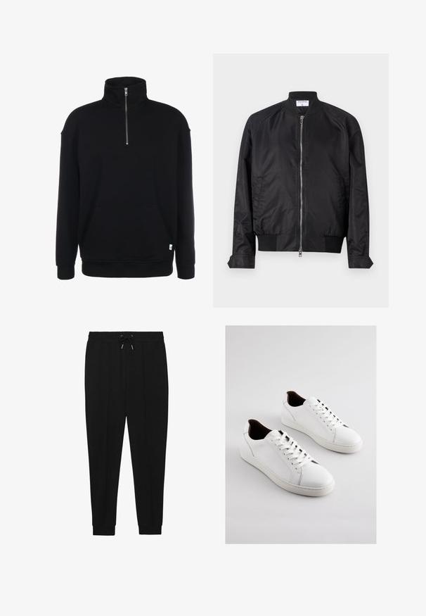 Schwarze Bomberjacke aus Satin mit glänzender Oberfläche, vorne mit Reißverschluss, gerippten Bündchen und Saum sowie einem runden Kragen. Glatte Struktur ohne Muster.; Schwarzer Sweatshirt mit Zip-Kragen, langen Ärmeln, weicher Textur, einer Fronttasche und einem kleinen grünen Logo am Saum.; Schwarze Sporthosen mit Kordelzugbund, schmal zulaufenden Beinen und gerippten Bündchen. Hergestellt aus einem weichen Stoff mit glatter Textur.; Weiße Ledersneaker mit niedrigem Profil, perforierten Seiten, flachen Schnürsenkeln und einem kontrastierenden braunen Innenfutter. Gummisohle mit strukturierter Musterung.