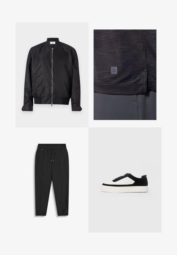 Veste bomber noire en finition satinée, dotée d'une fermeture éclair sur le devant, de poignets et d'ourlet côtelés, et d'un col arrondi. Texture lisse sans motifs.; T-shirt de sport gris foncé, fabriqué en tissu texturé. Il dispose d'une fente sur le côté au bas et d'une petite étiquette logo dans le coin inférieur gauche.; Pantalon noir à taille élastique avec cordon de serrage, poches latérales, jambes fuselées et poignets élastiques sur fond blanc.; Baskets basses en suède noir avec des panneaux en cuir blanc, lacets noirs et semelle en caoutchouc blanc épais, présentées du côté extérieur.