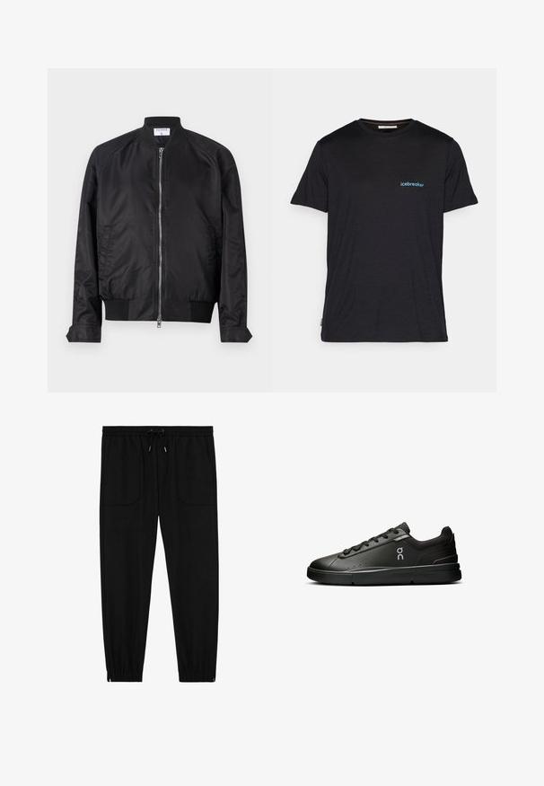 Chaqueta bomber negra de acabado satinado, con cierre de cremallera en la parte delantera, puños y dobladillo acanalados, y cuello redondeado. Textura suave sin patrones.; Camiseta de manga corta negra, hecha de una tela suave, con un pequeño logo azul de "icebreaker" en el lado izquierdo del pecho. Diseño de ajuste regular.; Pantalones jogger negros con cintura elástica, cordón ajustable, bolsillos frontales de parche y puños elásticos sobre un fondo blanco.; On THE ROGER ADVANTAGE - Zapatillas - black black