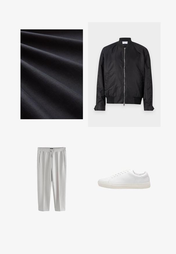 Chaqueta bomber negra de acabado satinado, con cierre de cremallera en la parte delantera, puños y dobladillo acanalados, y cuello redondeado. Textura suave sin patrones.; Tela negra con una textura suave, que presenta capas dobladas que crean suaves ondas, enfatizando su superficie mate y suave.; Pantalones de chándal grises claros hechos de tela suave, con cintura elástica y cordón, y dos bolsillos laterales.; Zapatilla de cuero blanco con textura suave, puntera redonda, cierre de cordones y suela de goma plana. Diseño minimalista sin patrones visibles.
