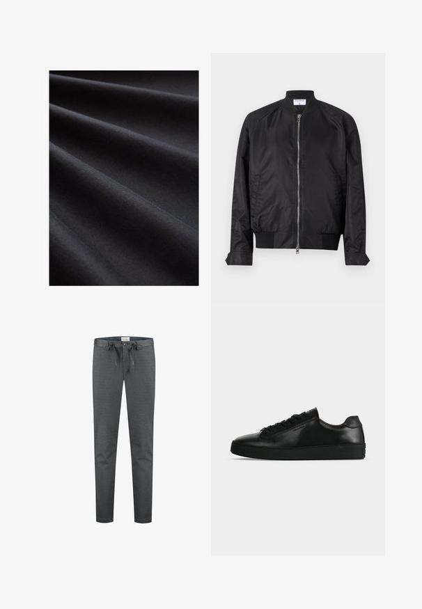 Chaqueta bomber negra de acabado satinado, con cierre de cremallera en la parte delantera, puños y dobladillo acanalados, y cuello redondeado. Textura suave sin patrones.; Tela negra con una textura suave, que presenta capas dobladas que crean suaves ondas, enfatizando su superficie mate y suave.; Pantalones grises elásticos con una textura suave, cintura con cordón y cierre de botón. Presenta un diseño ajustado y costuras visibles mínimas.; Zapatilla de cuero negra de perfil bajo con cordones negros y una suela negra gruesa, mostrada de lado sobre un fondo gris claro.
