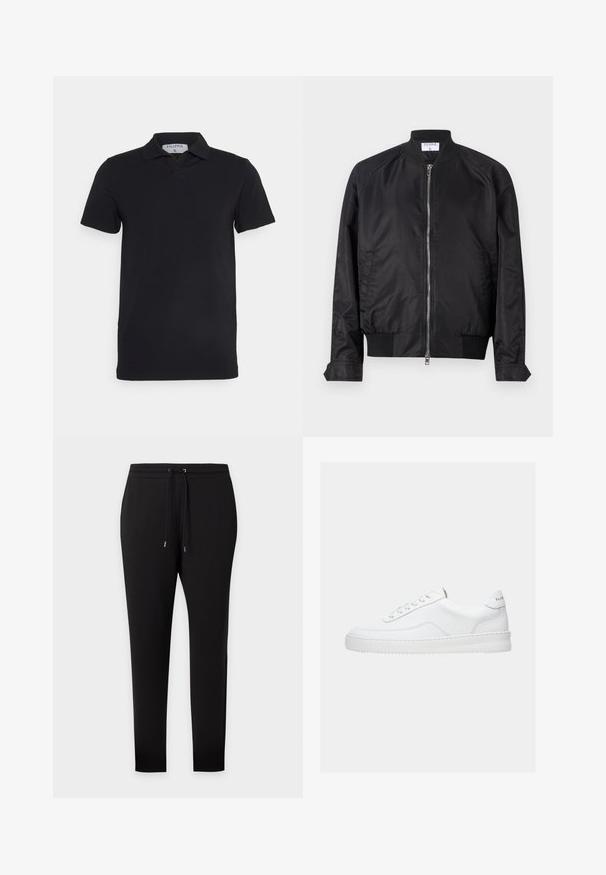 Sort bomberjakke i satinfinish med lynlås fortil, ribbede manchetter og kant samt en rund krave. Glat tekstur uden mønstre.; Sort kortærmet polo-shirt med klassisk krave, lavet af glat stof. Har et mærke med brandnavnet 'Filippa K' ved halsudskæringen.; Sorte slim-fit joggingbukser med elastisk taljebånd og snøre, manchetter ved anklerne, vist på ensfarvet baggrund.; Hvid lavt sneaker med snørelukning, glat læderoverdel og tyk sål, vist fra siden på en ensfarvet baggrund.