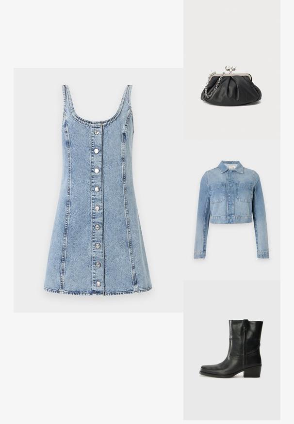 Lyseblå cropped denimjakke med lange ærmer, knaplukning, to brystlommer foran og en klassisk krave.; Denimkjole med en dyb udskæring og tynde stropper. Lys blå stof, A-formet, med frontknapper og synlige syninger.; Sort læder ankelstøvle med rundt tå, blokhæl, lynlås i siden og stikninger på vampsiden. Glat tekstur, klassisk design.; Sort læder clutch med samlet tekstur, sølvfarvet metalramme, kys-lås lukning og kædestrop. Glat, blød overflade.