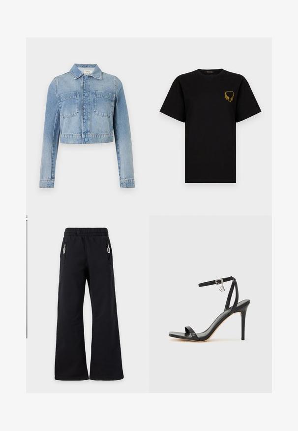 Γαλάζιο cropped denim μπουφάν με μακριά μανίκια, κούμπωμα με κουμπιά, δύο μπροστινές τσέπες στο στήθος και κλασικό γιακά.; Μαύρο κοντομάνικο μπλουζάκι με μικρά κίτρινα κεφάλια τίγρης που σχηματίζουν καρδιά στο αριστερό στήθος.; Μαύρο παντελόνι με φαρδύ μπατζάκι, ελαστική μέση και δύο μπροστινές τσέπες με φερμουάρ, σε απλό ανοιχτό φόντο.; Μαύρο σανδάλι με ψηλό τακούνι, στενό λουράκι στον αστράγαλο, τετράγωνη μύτη, υλικό από λείο δέρμα και μεταλλικό διακοσμητικό πόρπη.